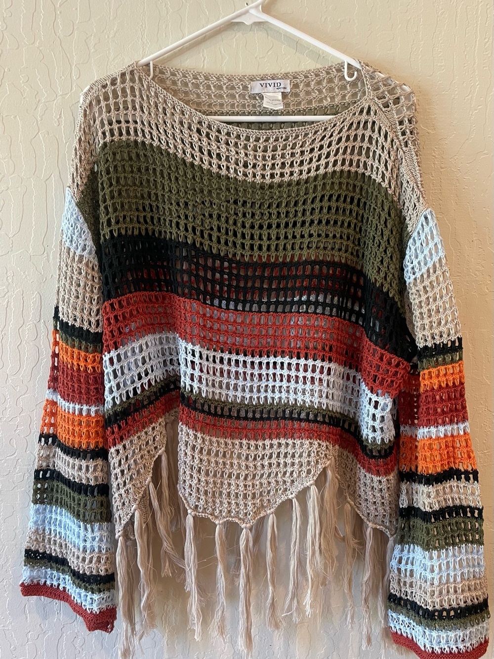 Vivid Beige Open-Knit Fringe Sweater with Olive, Rust & Black Stripes